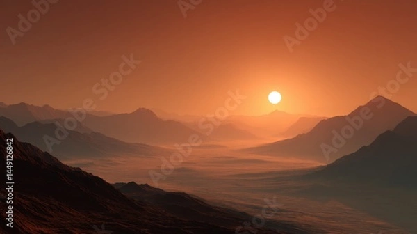 Fototapeta A stunning and tranquil landscape featuring silhouettes of distant mountains against a warm, glowing sunset. The sky is filled with gradient hues of orange and soft yellow, creating a dreamlike atmosp