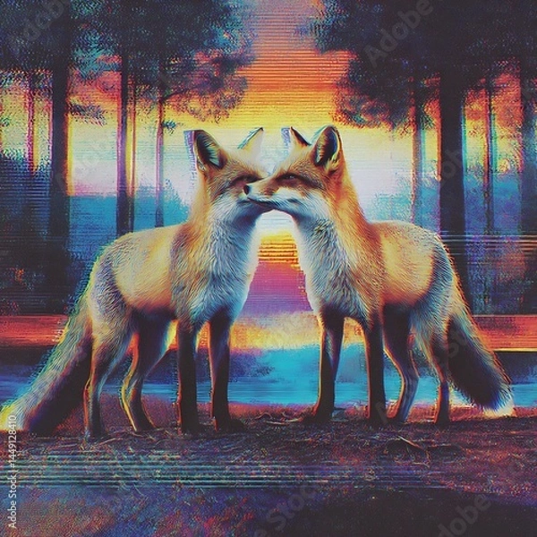 Obraz Two Foxes in a Retro-Styled Forest