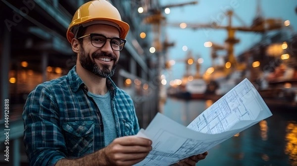 Fototapeta Smiling Engineer Holding Blueprints at Construction Site with Cranes Backdrop