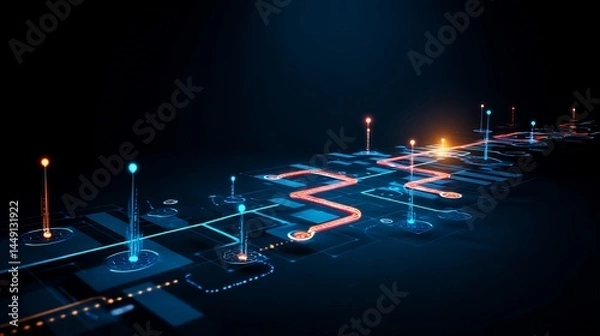 Fototapeta Ai projection showing roadmap to market with glowing milestones and side paths overlay cut out on isolated transparent removed background