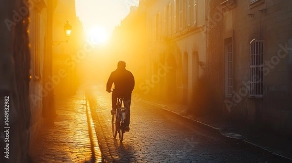Obraz Morning Ride through Historic Alleyway Bathed in Golden Sunlight Serenity