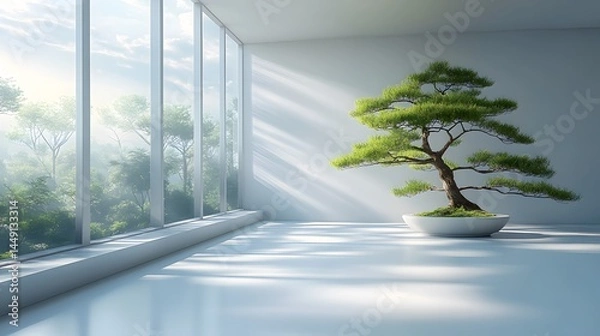 Obraz Minimalist interior featuring a bonsai tree and serene forest view window