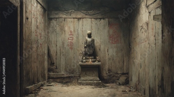 Obraz In a corner of a vast interior, a rough stone statue sits undisturbed within a small niche behind a wooden panel. This secret shrine evokes simplicity and reverence.  
