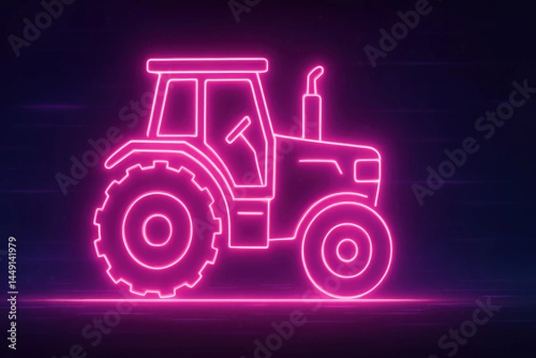 Fototapeta Glowing neon tractor outline on dark background for futuristic design concept