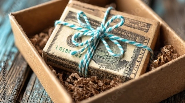 Obraz Dollar bill nestled inside a box symbolizing compressed value and profit within a compact and organized space