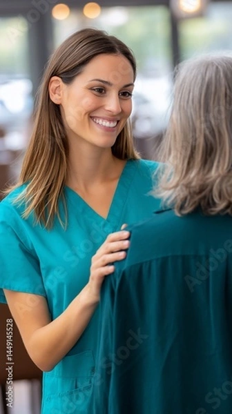 Obraz Kind caregiver comforting elderly person in a cafe-style setting. Potential use medical support, empathy, human connection