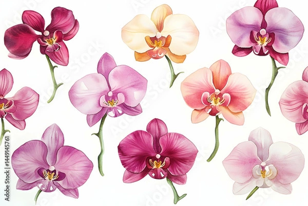 Obraz Colorful orchid blossoms on a white background.
