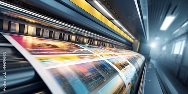 Obraz Large format printing press in action, colorful advertising posters being printed, industrial setting. Possible use Commercial printing, advertising