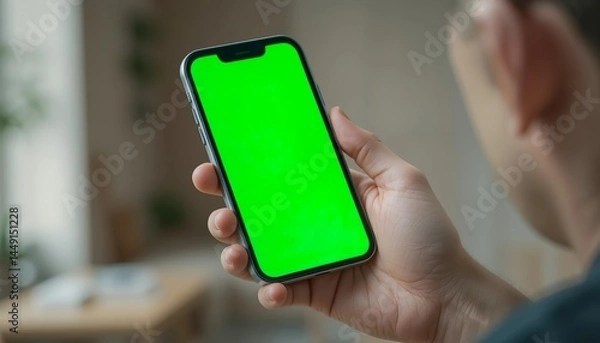 Obraz hand holding green screen smartphone with blurry indoor background. to add text or content