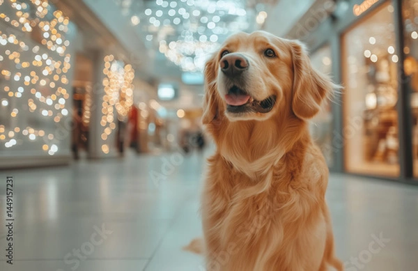 Obraz Golden retriever in a shopping mall. Festive lights and blurred shoppers in the background