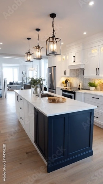 Obraz Modern kitchen island with white cabinets and navy blue accents, showcasing a bright open-concept layout, perfect for interior design inspiration