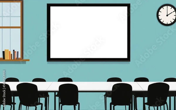 Fototapeta A simple vector illustration of an empty white table in the center, surrounded by black chairs on each side