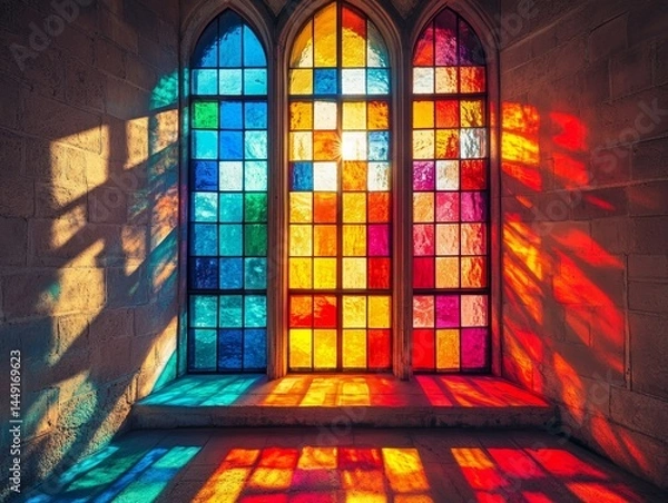 Obraz Colorful stained glass window illuminated by sunlight inside a historic building during the late afternoon - ai