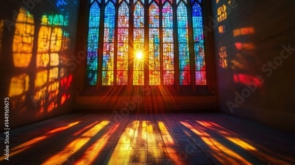 Obraz Colorful stained glass window illuminated by sunlight inside a historic building during the late afternoon - ai
