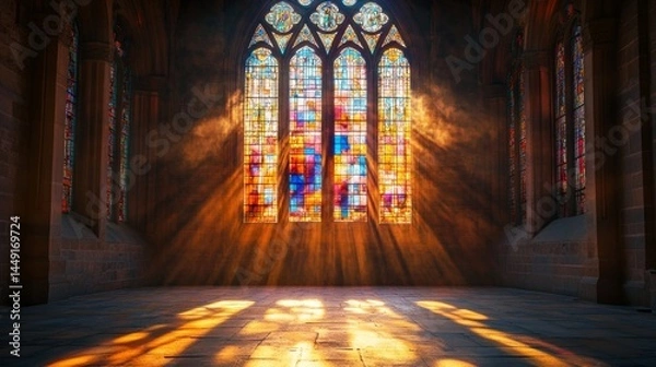 Obraz Colorful stained glass window illuminated by sunlight inside a historic building during the late afternoon - ai