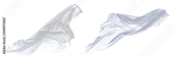 Fototapeta Floating translucent white bridal veil with soft folds and delicate motion, ethereal fabric element on transparent background for wedding design or romantic decorative use