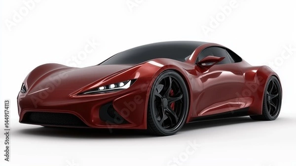 Fototapeta Futuristic dark red car mockup, front angle, modern aerodynamic design, high detail, isolated on white background