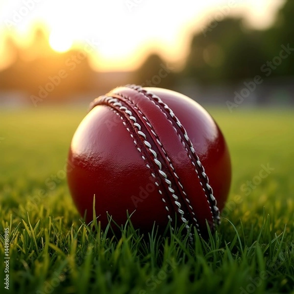Fototapeta Red Cricket Ball Resting on the Grass with Stumps in the Foreground, Framed by the Majestic Cricket Stadium at Sunrise, Capturing the Calm Before the Game