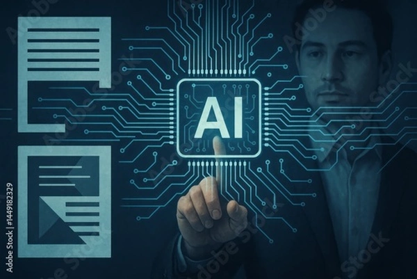 Fototapeta Person Interacting with AI Technology in a Digital Environment with Circuit Patterns and Documents
