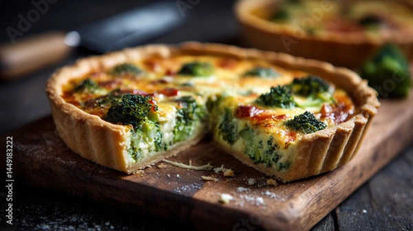 Fototapeta Delicious creamy broccoli quiche tart recipe with flaky crust baked golden brown perfect for lunch dinner or on transparent background eat