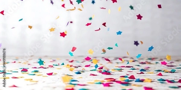 Obraz Colorful Confetti Falling on a Checkered Surface — Festive Background for Celebrations, Events, and Parties with Bright Multicolored Pieces on Light Gradient Backdrop