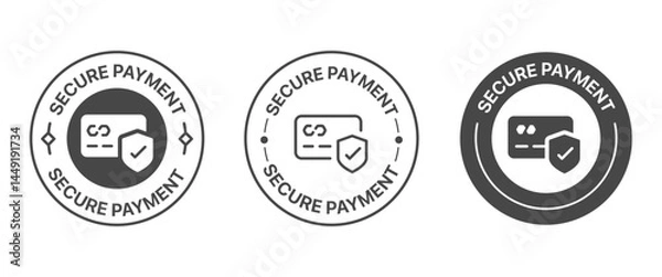 Fototapeta Secure payment Badge Icons with credit card and shield for fintech cybersecurity, Vector Illustration