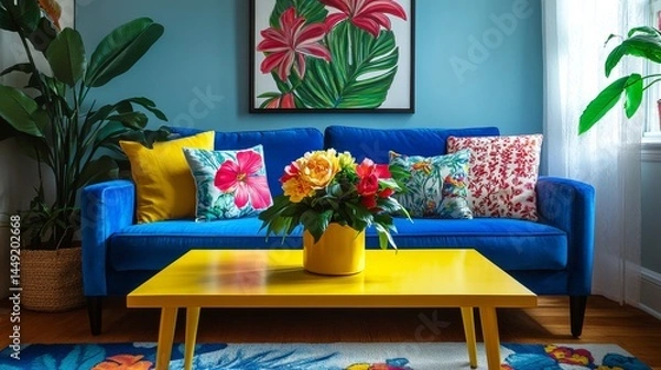 Fototapeta Bright living area with a blue partal, cheerful pillows, floral art, and yellow coffee table with fresh blooms