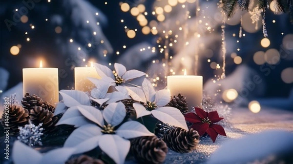 Fototapeta Elegant christmas scene with glowing candles and white poinsettias display