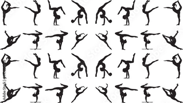 Fototapeta Gymnastics Silhouette Acrobat Silhouette Collection Female ballet Little Gymnast Silhouettes Multiple silhouettes of a ballet Collection Happy women jumping Gymnast on balance beam Multiple silhouett