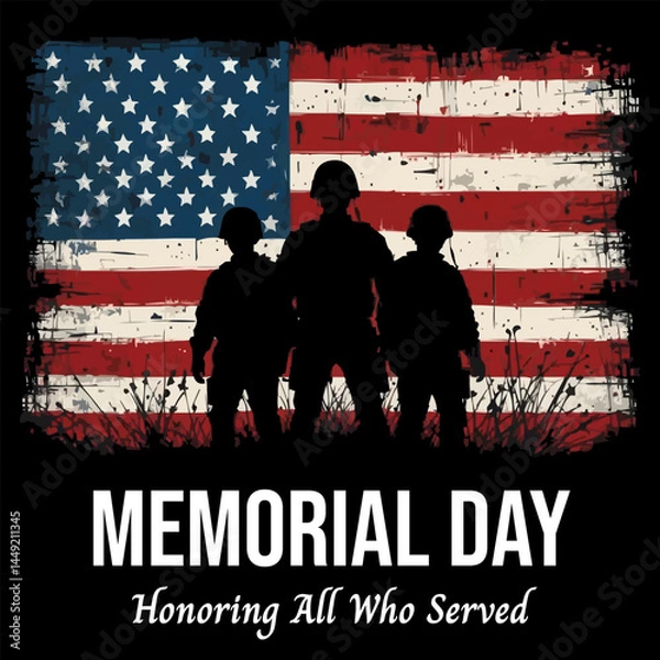 Obraz Memorial Day Silhouette of Soldiers with Vintage American Flag Background Vector - Honoring All Who Served

