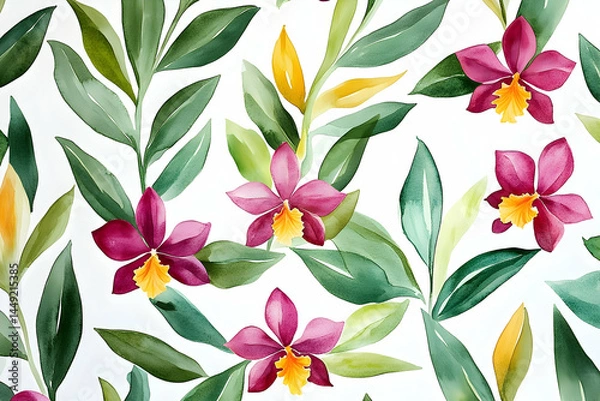 Obraz Vibrant floral pattern of orchids and leaves in watercolor.