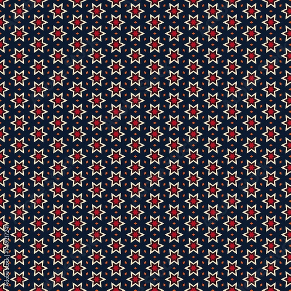 Obraz Seamless Red Star Pattern Geometric Textile Design Background navy blue dark stars cream print retro