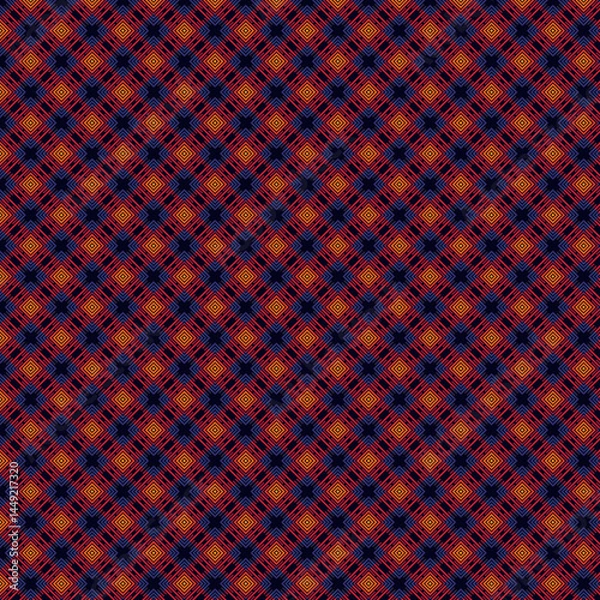 Obraz Seamless Geometric Pattern Design Red Orange Blue Textile Fabric Background Style Print Lines Repeat