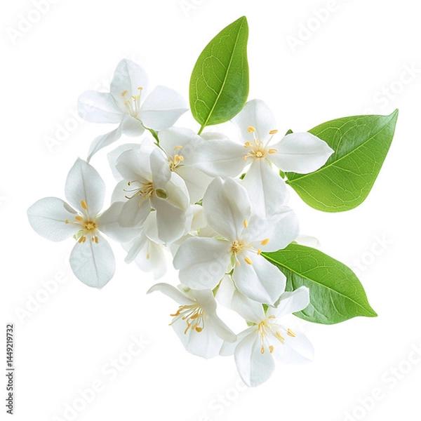 Fototapeta A cluster of white jasmine flowers, star-shaped blooms, isolated.