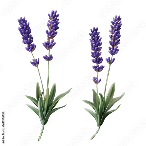 Fototapeta A pair of lavender sprigs, detailed buds and green stems, transparent background.