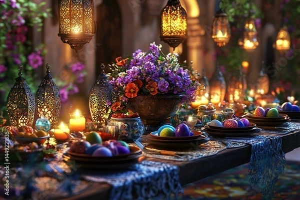 Fototapeta 3D depiction of a traditional feast table with colorful dishes, glowing lanterns, and a centerpiece of Easter eggs and flowers, created by ai
