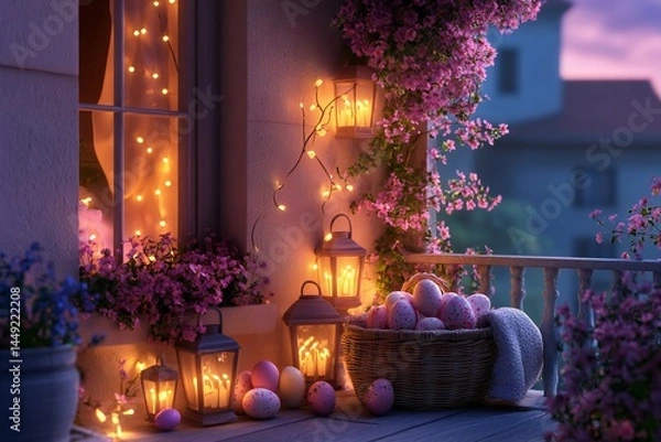 Fototapeta A cozy 3D balcony with glowing lanterns, pastel floral decorations, and a basket of Easter eggs, created by ai
