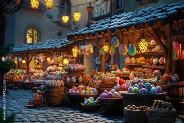 Fototapeta A 3D depiction of an ancient market square with colorful stalls selling painted Easter eggs, glowing lanterns, and traditional sweets, created by ai