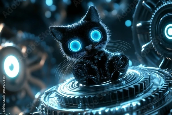 Fototapeta A 3D robot cat with round, glowing eyes and mechanical whiskers, sitting on a levitating cogwheel in a cyber dreamscape,  created by ai