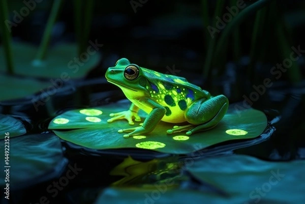 Fototapeta A neon green frog with glowing spots, sitting on a neon lily pad in a dark pond,  created by ai