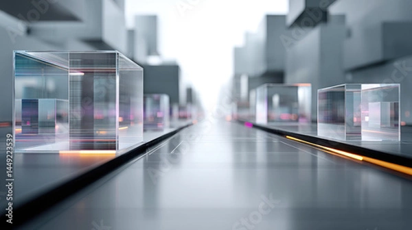 Fototapeta Modern, futuristic city street lined with transparent glass boxes.  Dynamic, technological architecture