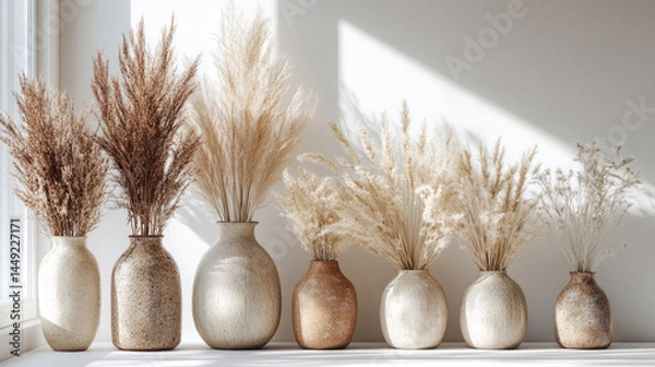 Fototapeta Rustic vases filled with pampas grass