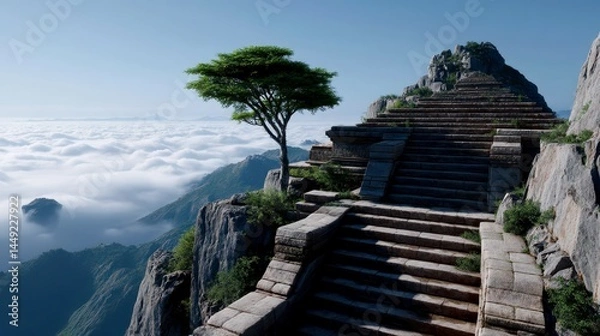 Obraz Stone Relic Above Clouds on Mountain Ridge ,fantasy World, Fantasy Landscape