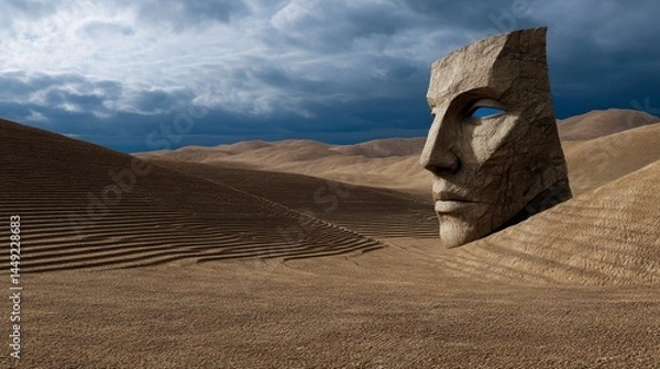 Obraz Arid Ground with Face Statue in Stone ,fantasy World, Fantasy Landscape