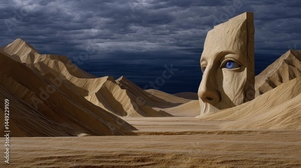 Obraz Sculpted Face in Stone Amid Arid Terrain ,fantasy World, Fantasy Landscape