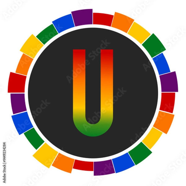 Fototapeta Modern capital Gradient Letter U Design with Multicolor Geometric Ring , Enclosed in a Black Frame
