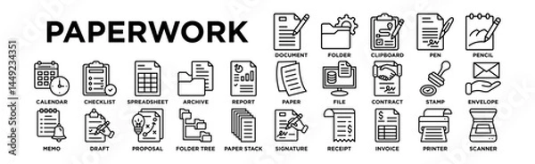 Fototapeta Paperwork icon set. Editable Stroke Icon Collection. Document, Folder, Clipboard, Pen, Pencil