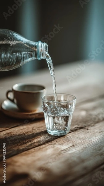 Obraz Water being poured from a bottle into a glass on a wooden table
