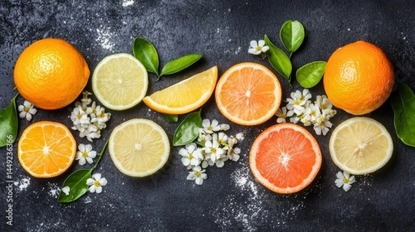 Fototapeta Vibrant citrus delight, a collection of fresh oranges and lemons with lush green leaves