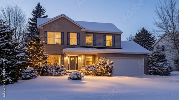 Obraz Suburban home illuminated with festive lights in winter snow landscape